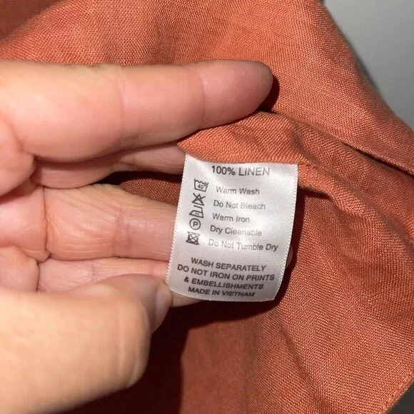 Lanhtropy Womens Top Size Small Brown Pearl Cut Outs V Neck Pure Linen New